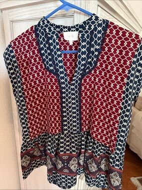 Red and Navy Patterned Peasant Blouse